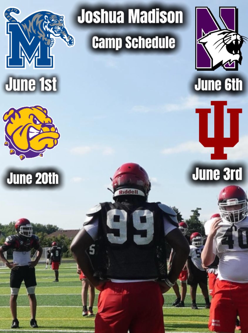 ᴊᴏꜱʜᴜᴀ “ʙᴜᴅᴅʜᴀ” ᴍᴀᴅɪꜱᴏɴ ✞ (@sack3m99) on Twitter photo CAMP SCHEDULE !!!!!
<a href="/RSilverfield/">Ryan Silverfield</a> <a href="/Joshualong42/">Joshua Long</a> <a href="/MemphisFBRec/">Memphis Football Recruiting</a> <a href="/CCignettiIU/">Curt Cignetti</a> <a href="/Coach_BHaines/">Bryant Haines</a> <a href="/IndianaFootball/">Indiana Football</a> <a href="/DavidBraunFB/">David Braun</a> <a href="/CoachAT23/">Aristotle Thompson</a> <a href="/coachcobwhite/">Jacob White</a> <a href="/NUFBFamily/">Northwestern Football</a> <a href="/CoachJoeDavis/">Joe Davis</a> <a href="/CoachBWilson/">Brad Wilson</a> <a href="/CoachJCaraway/">Joshua Caraway</a> <a href="/WIUFootball/">Western Illinois Football</a> <a href="/EDGYTIM/">Timothy “EDGYTIM” OHalloran</a> <a href="/AllenTrieu/">Allen Trieu</a> <a href="/mikeclarkpreps/">MikeClarkPreps</a> <a href="/247recruiting/">247Sports Recruiting</a> CAMP SCHEDULE !!!!!
<a href="/RSilverfield/">Ryan Silverfield</a> <a href="/Joshualong42/">Joshua Long</a> <a href="/MemphisFBRec/">Memphis Football Recruiting</a> <a href="/CCignettiIU/">Curt Cignetti</a> <a href="/Coach_BHaines/">Bryant Haines</a> <a href="/IndianaFootball/">Indiana Football</a> <a href="/DavidBraunFB/">David Braun</a> <a href="/CoachAT23/">Aristotle Thompson</a> <a href="/coachcobwhite/">Jacob White</a> <a href="/NUFBFamily/">Northwestern Football</a> <a href="/CoachJoeDavis/">Joe Davis</a> <a href="/CoachBWilson/">Brad Wilson</a> <a href="/CoachJCaraway/">Joshua Caraway</a> <a href="/WIUFootball/">Western Illinois Football</a> <a href="/EDGYTIM/">Timothy “EDGYTIM” OHalloran</a> <a href="/AllenTrieu/">Allen Trieu</a> <a href="/mikeclarkpreps/">MikeClarkPreps</a> <a href="/247recruiting/">247Sports Recruiting</a>