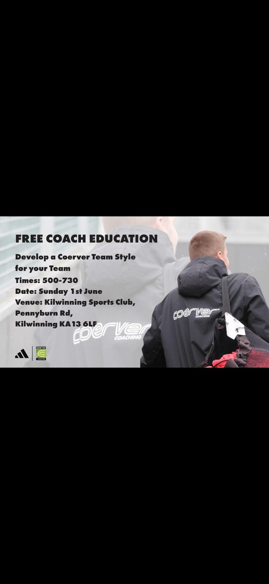THIS Sunday @the club FREE Coach Education
Coaches often volunteering to ensure players receive the best support, we are delivering a coach education to help coaches develop a Coerver® Team Style. 
500-730 Sunday 1st June
  Pennyburn Rd,  KA13 6LF
🔗 tinyurl.com/2whx2nzm.
