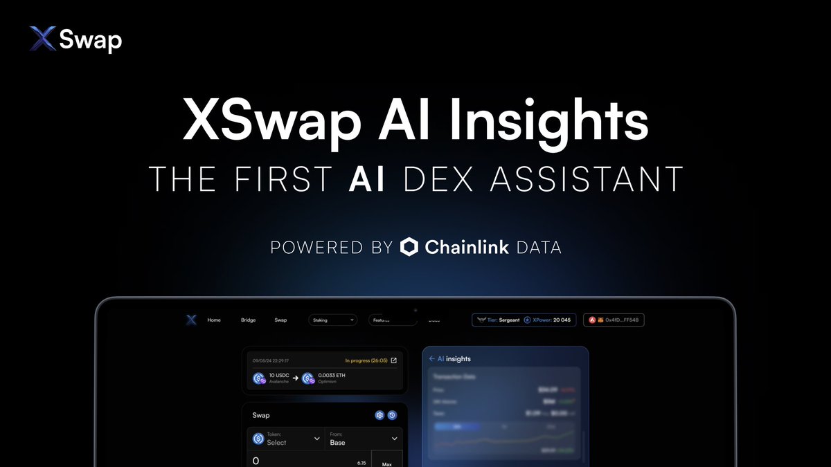 xswap_link's tweet image. XSwap Integrates @Chainlink Data Feeds to deliver AI Insights: The AI-powered DEX assistant.

We are fueling our AI with the most accurate market data to deliver:

* Performance analytics
* Advanced token metrics
* Social engagement scores
* Community sentiment analysis

Smart…