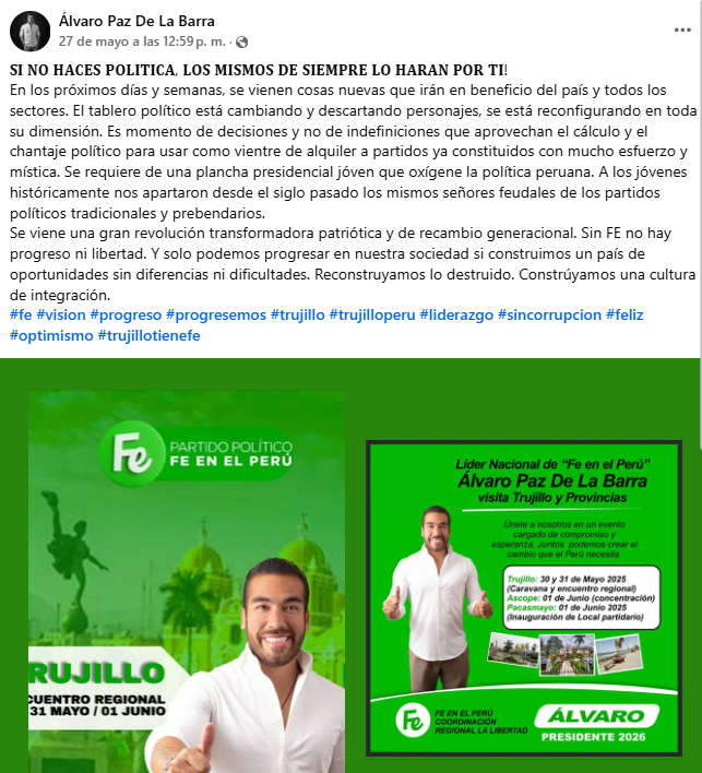 Siguiendo la lógica nepotista en el Perú, Progresemos —el partido/vientre de alquiler que se disputaban Antauro y Hernando de Soto— anuncia a Sofía Franco, esposa de Álvaro Paz de la Barra (que ya anuncia alianza de su partido Fe con #Progresemos), como candidata a Lima.
