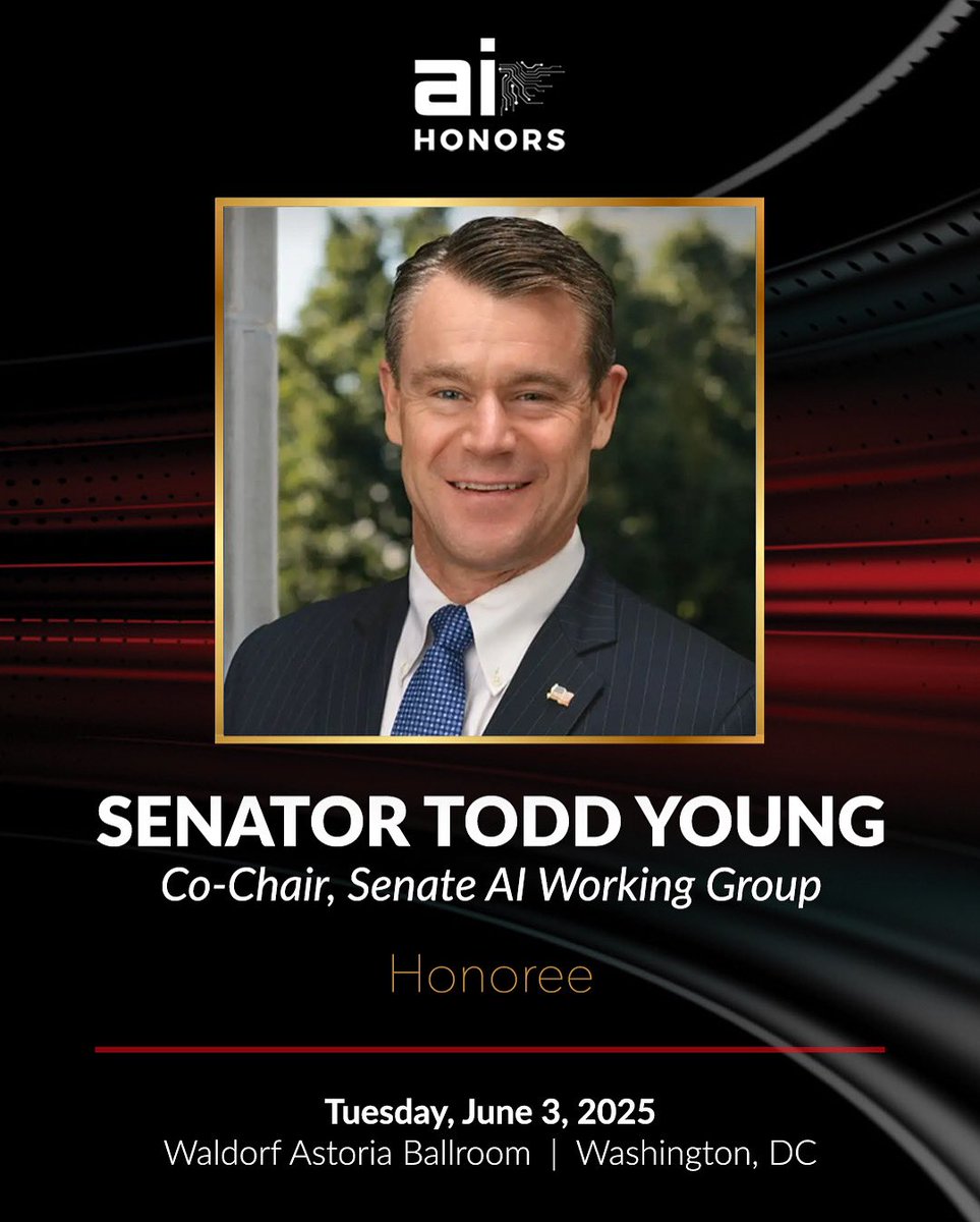 Washington AI Network (@washingtonainet) on Twitter photo We’re proud to honor <a href="/SenToddYoung/">Senator Todd Young</a>, co-chair of the Senate AI Working Group, for his leadership in helping ensure America’s AI future is innovative, ethical, and competitive.
Join us at the #AIHonors as we recognize Sen. Young and other AI trailblazers: aihonors.us We’re proud to honor <a href="/SenToddYoung/">Senator Todd Young</a>, co-chair of the Senate AI Working Group, for his leadership in helping ensure America’s AI future is innovative, ethical, and competitive.
Join us at the #AIHonors as we recognize Sen. Young and other AI trailblazers: aihonors.us