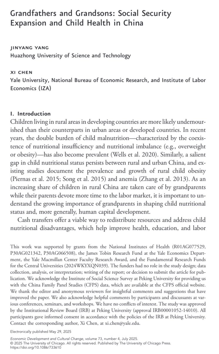 Xi Chen | 陈希 (@xcyale) on Twitter photo 🌟Our latest work on the integenerational effect of #pension is now published online.
Grandfathers and Grandsons: Social Security Expansion and Child Health in China
Ungated version: journals.uchicago.edu/eprint/KQE4RKQ…
<a href="/YaleSPH/">Yale School of Public Health</a> <a href="/YaleGH/">Global Health @ Yale</a> 🌟Our latest work on the integenerational effect of #pension is now published online.
Grandfathers and Grandsons: Social Security Expansion and Child Health in China
Ungated version: journals.uchicago.edu/eprint/KQE4RKQ…
<a href="/YaleSPH/">Yale School of Public Health</a> <a href="/YaleGH/">Global Health @ Yale</a>