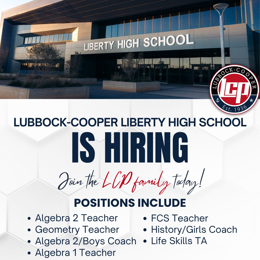 Join the LCP family! We're hiring for multiple positions at Liberty High School. Explore current openings and apply at applitrack.com/LCISD/onlineap…!
#LCPfamily