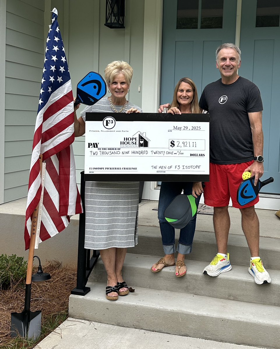 Thanks to all the  <a href="/F3Isotope/">F3/Isotope</a> PAX who continue to show their support for the worthy mission at Hope House Foundation! The six week pickleball challenge was a huge success and your generosity continues to make hope happen in Huntersville!  Thank you!
<a href="/F3Nation/">F3</a> 
<a href="/HuntersvilleGOV/">Town of Huntersville</a>