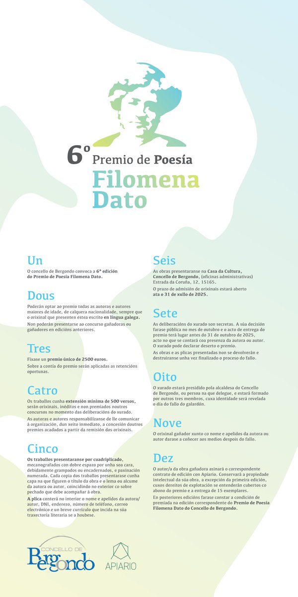Bases do 6º Premio de Poesía Filomena Dato: axendacultural.aelg.gal/2025/05/30/bas… <a href="/apiario_/">apiario</a> <a href="/ConBergondo/">Concello de Bergondo</a>
