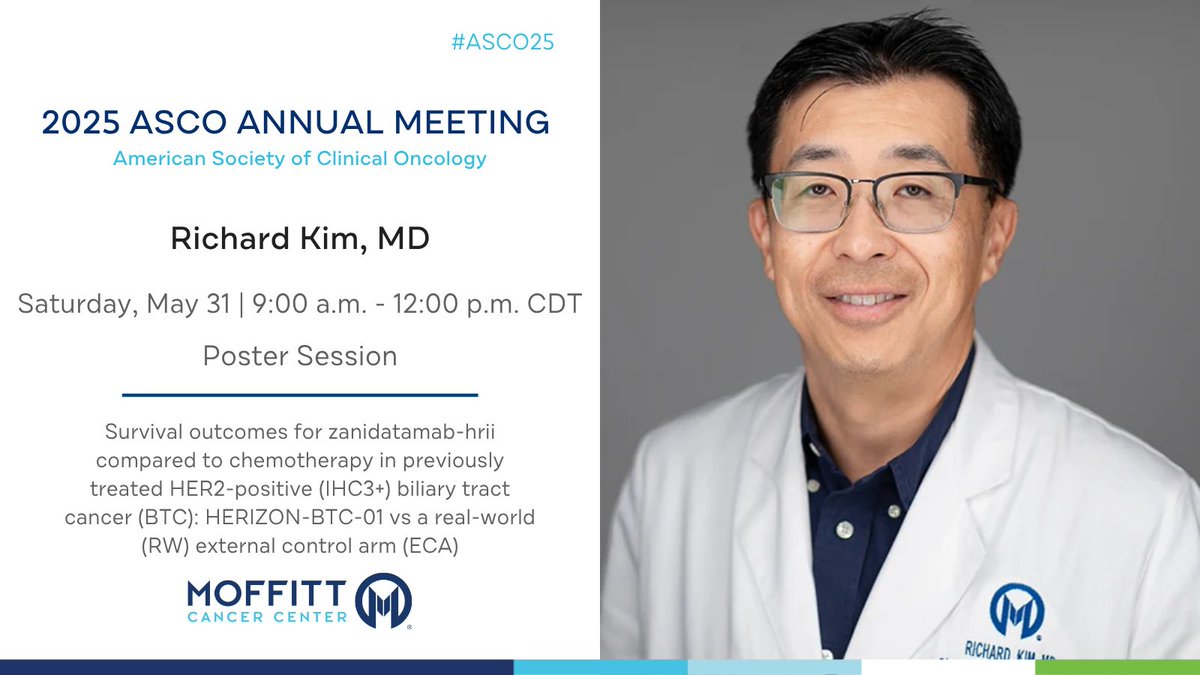 At #ASCO25, Richard Kim, MD, presents new data from the HERIZON-BTC-01 trial, comparing survival outcomes for zanidatamab-hrii vs chemotherapy in previously treated HER2-positive (IHC3+) biliary tract cancer. #MoffittASCO25

Read more: meetings.asco.org/2025-asco-annu… <a href="/ASCO/">ASCO</a>