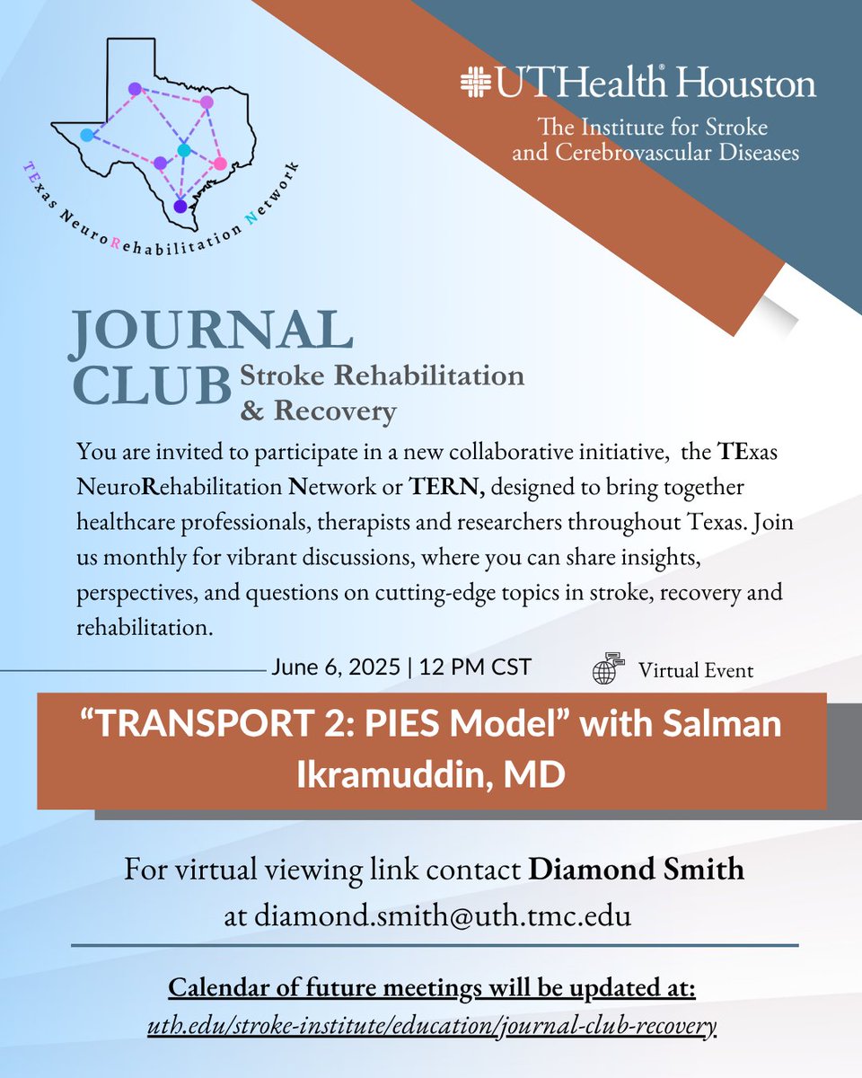 Institute for Stroke and Cerebrovascular Disease (@uthealthstroke) on Twitter photo Join us Friday June 6 12pm CST for our Journal Club in Stroke Rehabilitation & Recovery with Salman Ikramuddin, MD! Contact Diamond Smith @ diamond.smith@uth.tmc.edu for remote viewing link and questions! 📆 Join us Friday June 6 12pm CST for our Journal Club in Stroke Rehabilitation & Recovery with Salman Ikramuddin, MD! Contact Diamond Smith @ diamond.smith@uth.tmc.edu for remote viewing link and questions! 📆