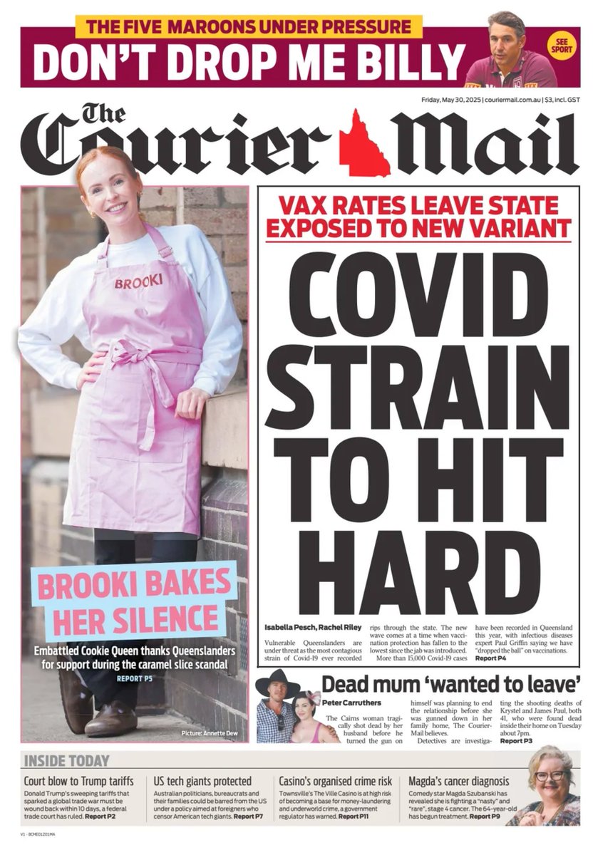 ukpapers's tweet image. 🇦🇺 Covid Strain To Hit Hard

▫With 100 Queenslanders a day admitted to hospital, the state now faces a serious threat from the most contagious strain of Covid-19 ever recorded
▫Isabella Pesch &amp;amp; @Rach_Riley

#frontpagestoday #Australia @couriermail