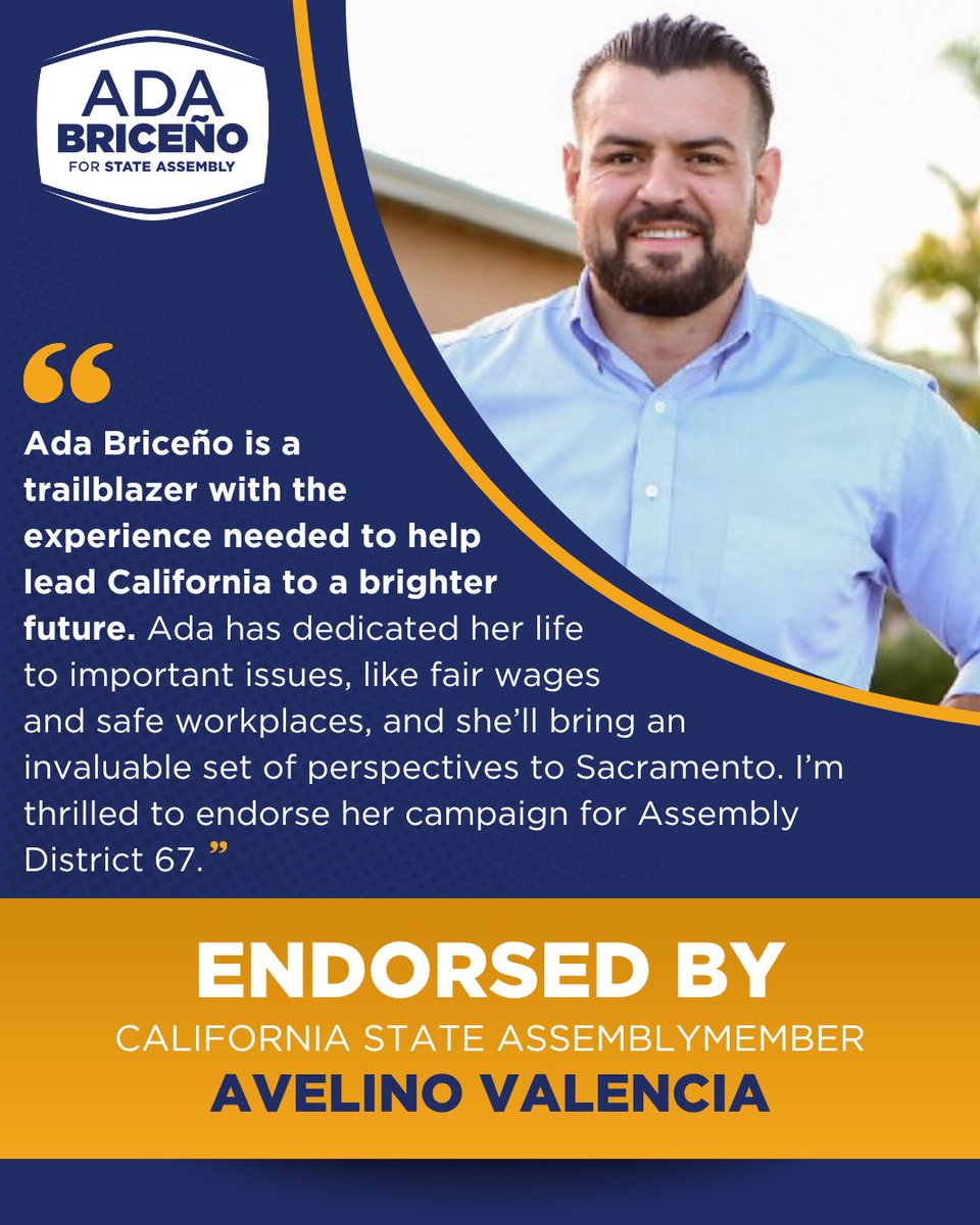 🚨Exciting news:

 Assemblymember Avelino Valencia has endorsed our campaign for #AD67! 

From Anaheim City Hall to the State Assembly, he’s shown what effective public service and community-centered leadership looks like. I’m honored to have his trust and support.