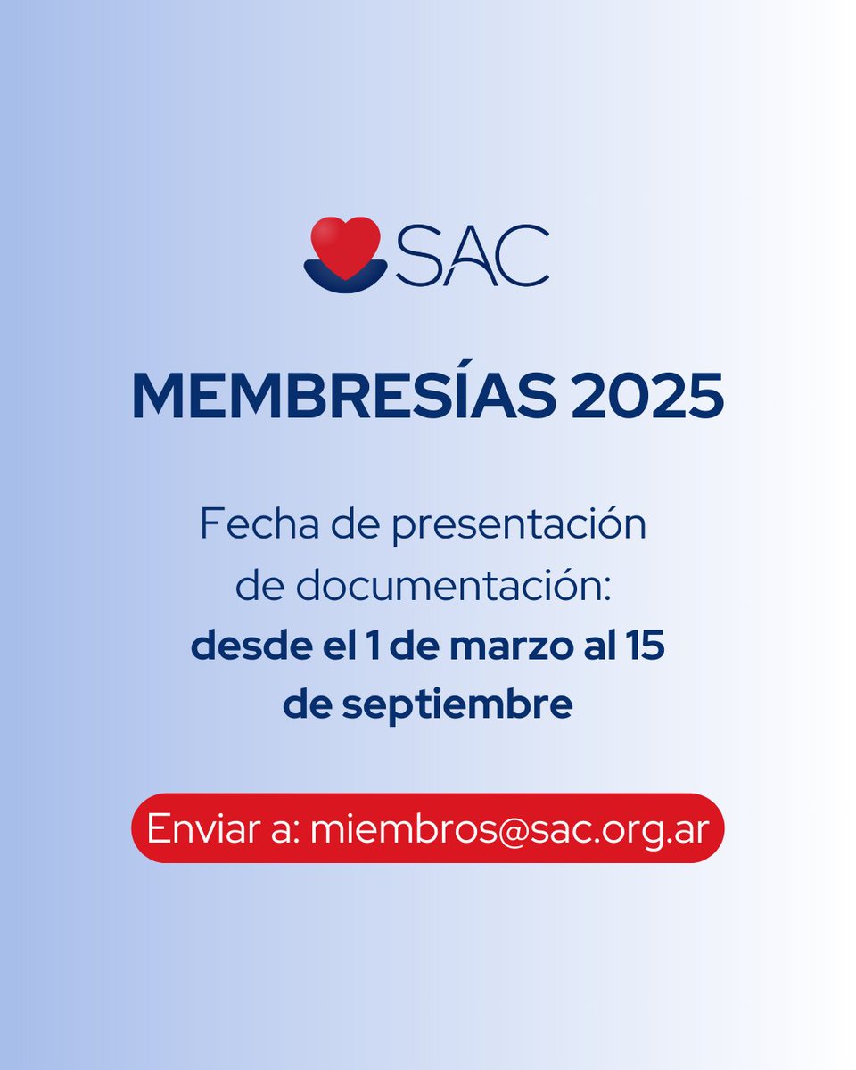 Sociedad Argentina de Cardiología (@sac_54) on Twitter photo 🔵Cambio de Membresías 2025 📣
📌Fecha de presentación de documentación: del 1 de marzo al 15 de septiembre
📤Envío de documentación: miembros@sac.org.ar
🔺Más información 👉🔗 sac.org.ar/membresias/ 🔵Cambio de Membresías 2025 📣
📌Fecha de presentación de documentación: del 1 de marzo al 15 de septiembre
📤Envío de documentación: miembros@sac.org.ar
🔺Más información 👉🔗 sac.org.ar/membresias/