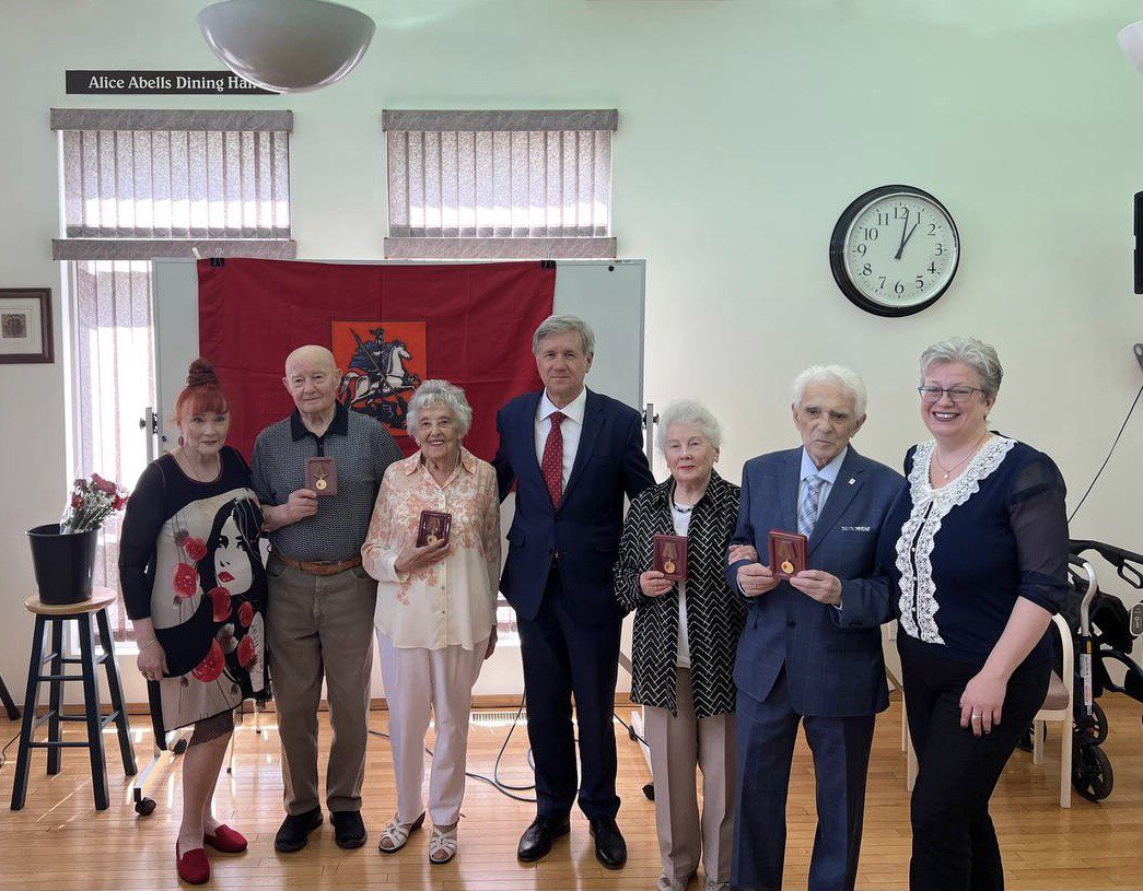 RussianEmbassyC's tweet photo. On May 29, 2025, Consul General Vladlen Epifanov awarded commemorative medals to veterans in Edmonton on behalf of President Putin, in honor of the 80th anniversary of Victory in the Great Patriotic War.

☝Their bravery and legacy will never be forgotten.

Read more 👉https://t.co/oN9K4PIews