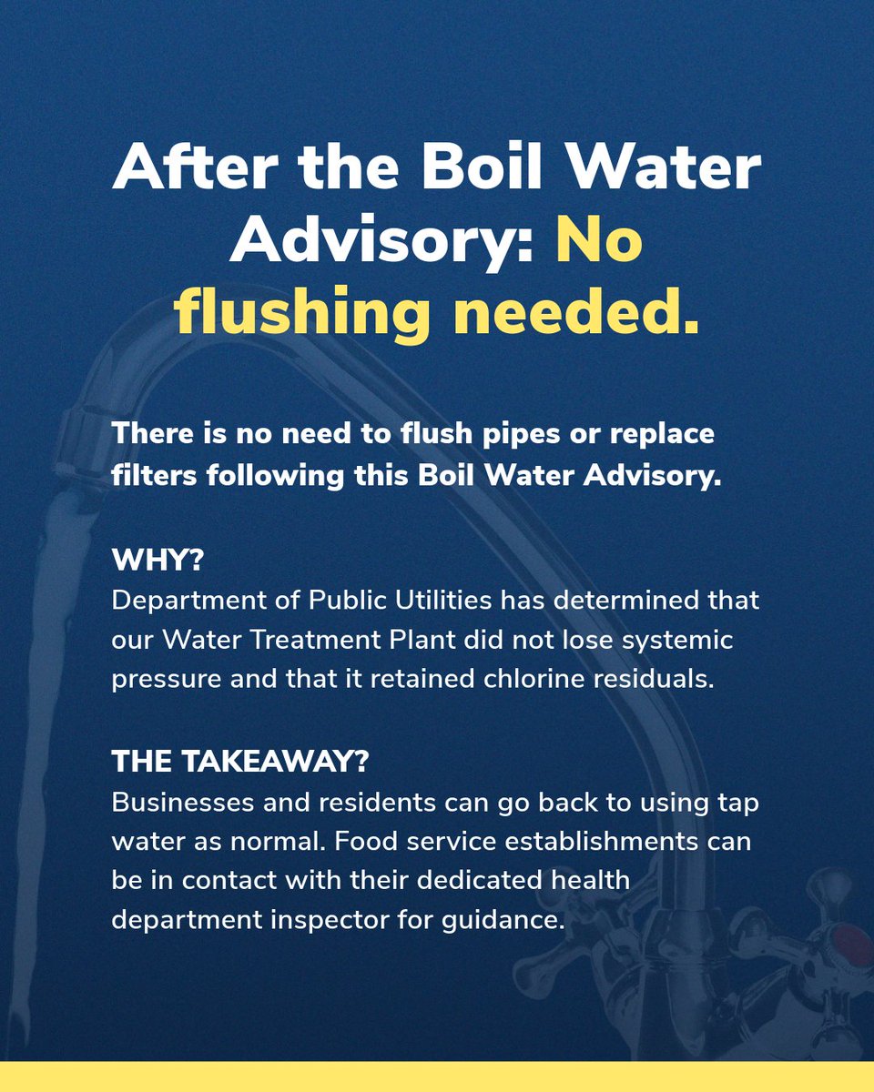 City of Richmond, VA (@cityrichmondva) on Twitter photo Post-Boil Water Advisory Update : <a href="/RichmondDPU/">Richmond VA DPU</a> has determined that residents and businesses do not need to flush pipes or replace filters after this week’s BWA. Food service establishments should consult their dedicated health department inspector for support following the BWA. Post-Boil Water Advisory Update : <a href="/RichmondDPU/">Richmond VA DPU</a> has determined that residents and businesses do not need to flush pipes or replace filters after this week’s BWA. Food service establishments should consult their dedicated health department inspector for support following the BWA.