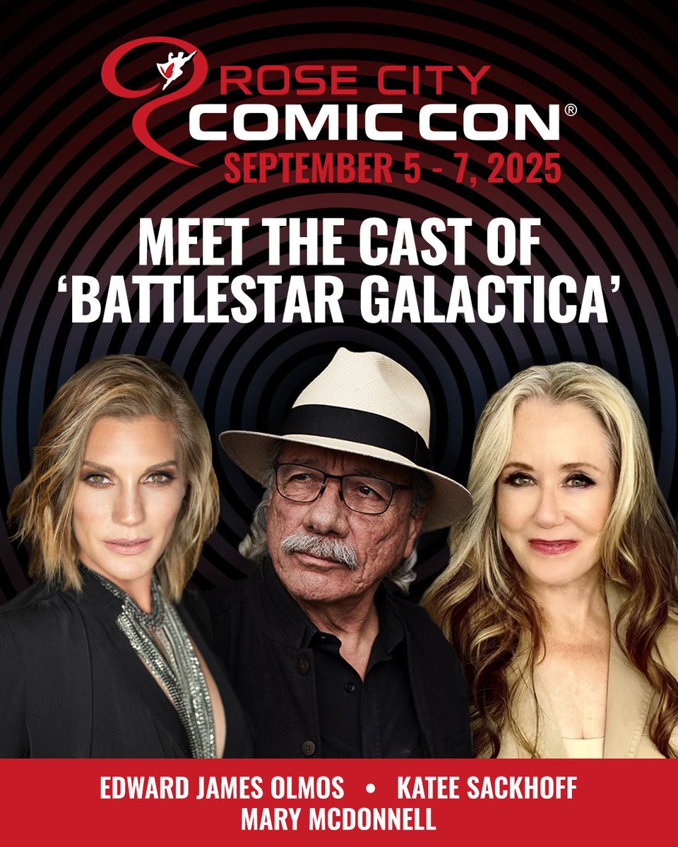 🎺 GUEST ANNOUNCEMENT 🎺 The cast of Battlestar Galactica is coming to #RCCC! Meet Mary McDonnell, Edward James Olmos, and Portland's own Katee Sackhoff. 🧵 &gt;&gt;