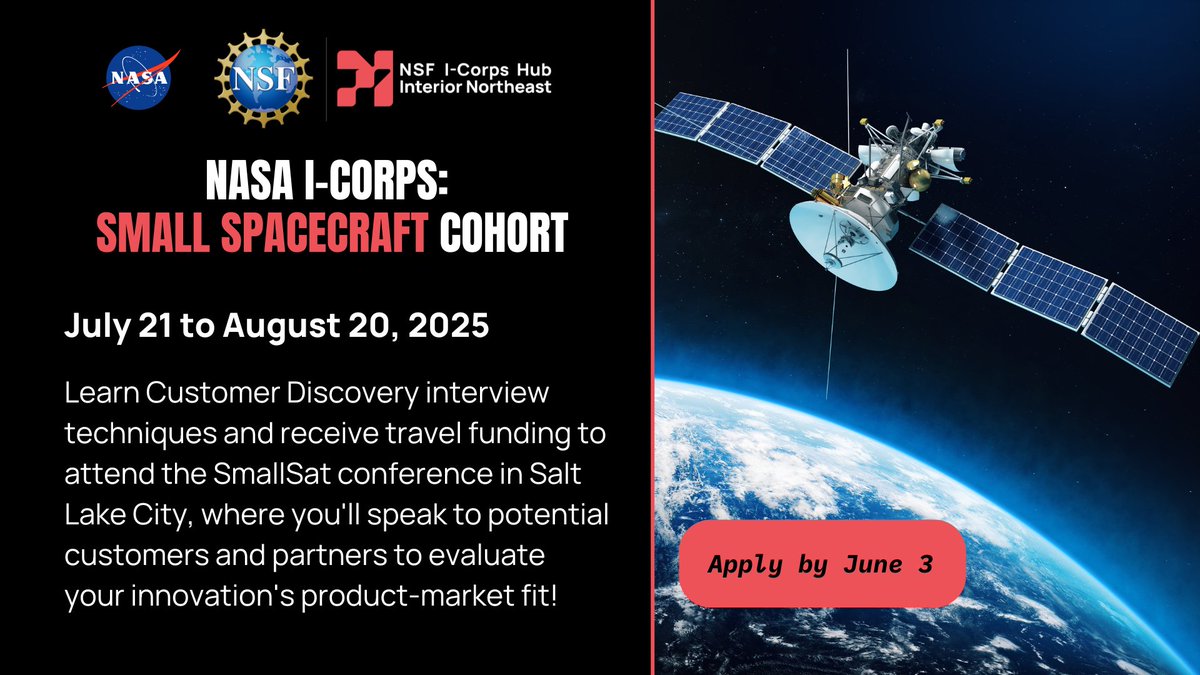 INicorps's tweet image. #SpaceTech innovators, last call for a free @NASA & @NSF course to help you explore applications for your tech:
🛰️ July 21 to August 20
🛰️ Virtual entrepreneurship training
🛰️ Funded travel to @SmallSat in Salt Lake City
Apply by next Wednesday, June 3: tfaforms.com/5173216
