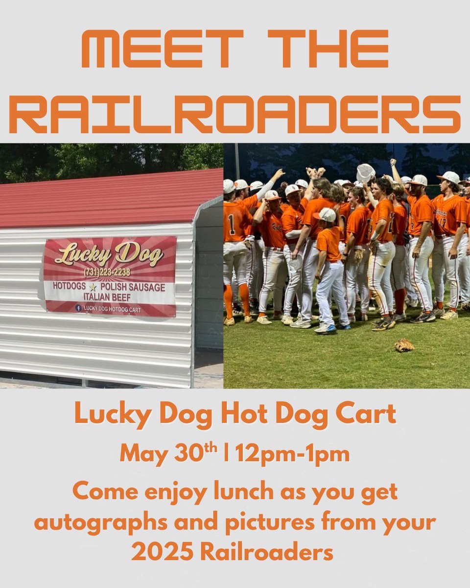 Roadersbaseball's tweet photo. Opening Day is 2️⃣ days away!

Come join us tomorrow at Lucky Dog Hot Dog cart to meet this years team. Bring your gloves, shirts, and baseballs to get autographs and pictures from the players. Lunch will be available for purchase, kids will get $1 hotdogs!

#Railroaders25 https://t.co/EXYvCmr5wt