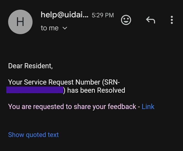 mrnaqvi786's tweet photo. This is the Aadhaar service that is used everywhere. It hasn't been updated for a month, and when I complain, they just send this message without resolving it. https://t.co/pnqmq2dExE