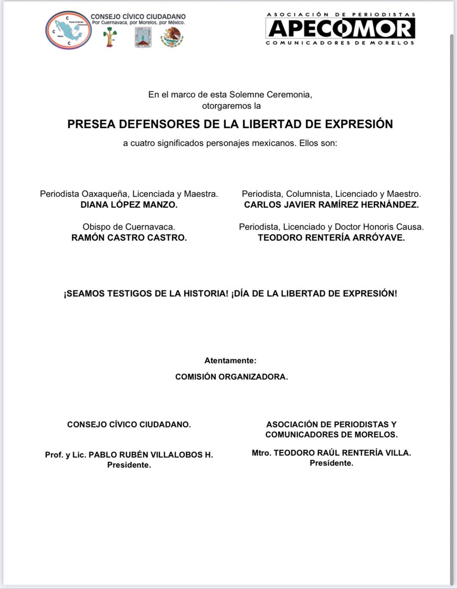 APECOMOR1's tweet photo. CEREMONIA CONMEMORATIVA DEL DÍA DE LA LIBERTAD DE EXPRESIÓN 2025
El próximo sábado, 7 de junio, al pie del Monumento a la Libertad de Expresión, realizaremos la ceremonia conmemorativa. https://t.co/jILiQSYUC1