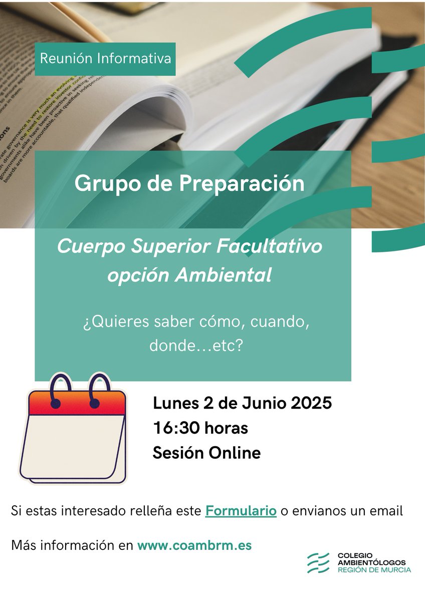 🔔Atención 🔔 Si estas interesado en la 👩‍🎓Formación para Opositores al Cuerpo Superior Facultativo Opción Ambiental🌿 CARM, tenemos cambio de fecha de la reunión informativa.

Lunes 2 de junio a las 16:30

Más info en: coambrm.es/formacion-opos…