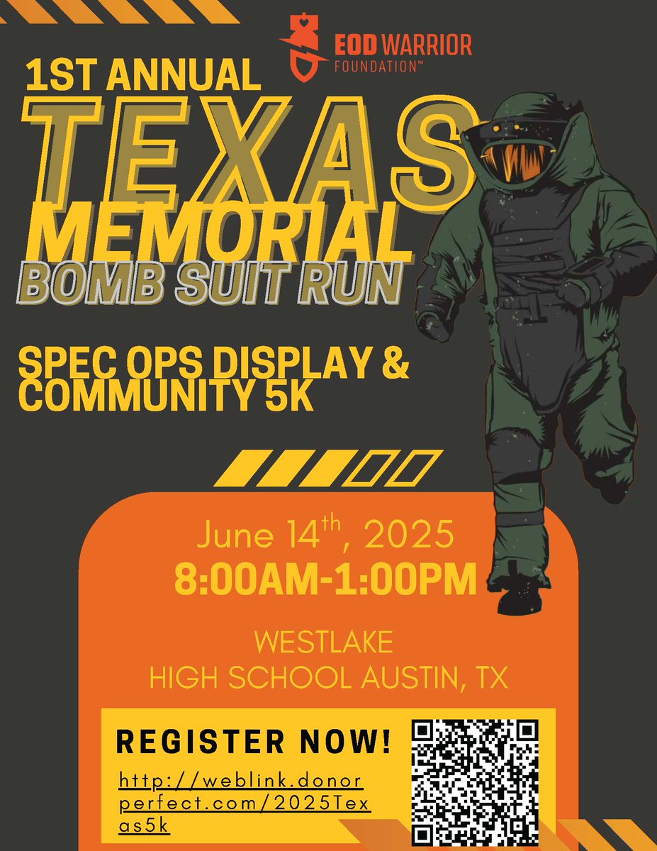 ATXPOA's tweet image. 🚨 Join us June 14 at Westlake HS for the Bomb Suit Run & Community 5K!
💙 Run, learn, and support First Responder wellness.
👟 1-Mile Suit Run • 5K • SWAT/K9/EOD Demos • BBQ
🎯 Support @EODWarrior