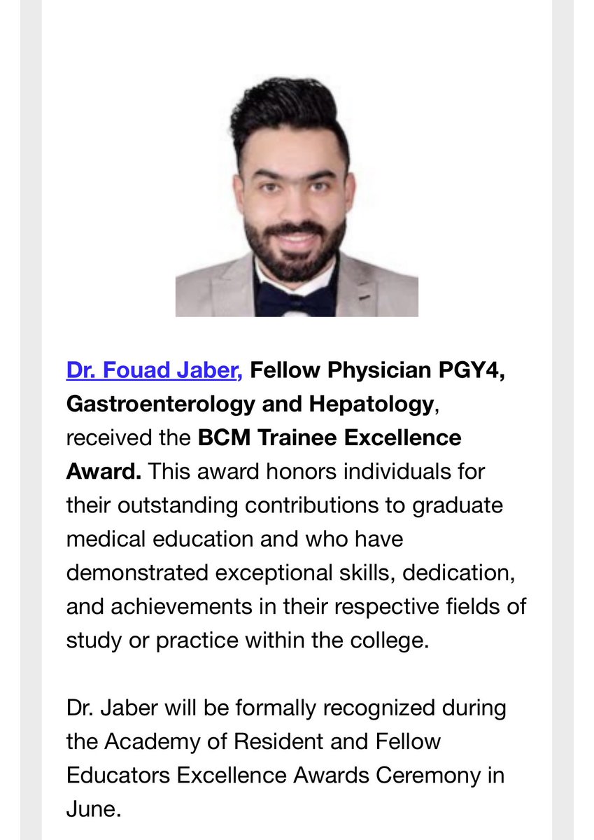 fouadsjaber's tweet image. 🌟Honored to receive “Trainee Excellence Award” 🥇 from @bcmhouston
🙏Grateful to my colleagues, mentors and team @bcm_gihep for all the support
@bcm_gihep @BCMCME @bcmhouston #GITwitter #MedEd @tmcddc