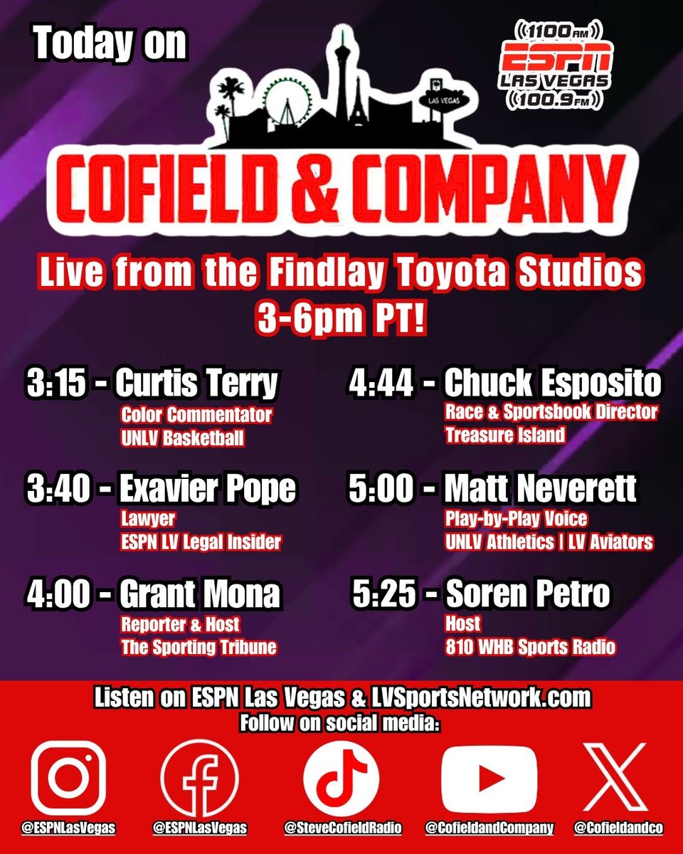 ESPN 1100/100.9 FM (@espnlasvegas) on Twitter photo Don't miss out on the latest episode of <a href="/cofieldandco/">Cofield & Company</a> with <a href="/stevecofield/">COFIELD</a> & <a href="/Griffinkemp51/">Griffin Kemp</a> live from 3-6pm PT!
📻: 1100 AM / 100.9 FM
📱: Text the show at 702-364-1100
💻: Stream live at LVSportsNetwork.com Don't miss out on the latest episode of <a href="/cofieldandco/">Cofield & Company</a> with <a href="/stevecofield/">COFIELD</a> & <a href="/Griffinkemp51/">Griffin Kemp</a> live from 3-6pm PT!
📻: 1100 AM / 100.9 FM
📱: Text the show at 702-364-1100
💻: Stream live at LVSportsNetwork.com