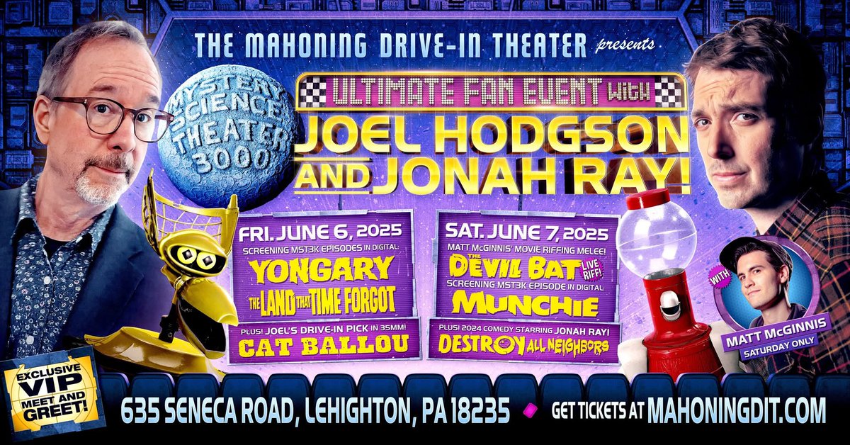 Joel Hodgson (@joelghodgson) on Twitter photo Hey y'all, I'm doing a MST3K film fest of sorts, at the <a href="/MahoningDIT/">The Mahoning Drive-In Theater</a> on June 6th and 7th with Jonah Ray and Matt McGinnis. On Saturday, we riff live with Matt McGinnis's Movie Riffing Melee - the movie-riffing game show! Get your tickets now! ticketleap.events/tickets/mahoni… Hey y'all, I'm doing a MST3K film fest of sorts, at the <a href="/MahoningDIT/">The Mahoning Drive-In Theater</a> on June 6th and 7th with Jonah Ray and Matt McGinnis. On Saturday, we riff live with Matt McGinnis's Movie Riffing Melee - the movie-riffing game show! Get your tickets now! ticketleap.events/tickets/mahoni…