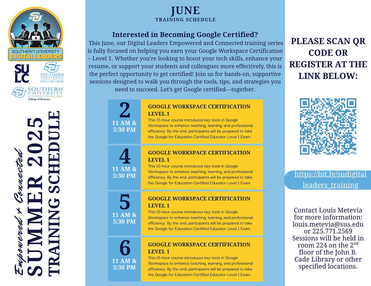 Ready to become Google Certified?
Join us this June for hands-on training sessions designed to boost your tech skills and elevate your resume! 🎓💻
Let’s get Google Workspace Level 1 certified—together!
June 2, 4, 5 &amp; 6 | 11 AM &amp; 5:30 PM
To Register bit.ly/sudigitalleade…