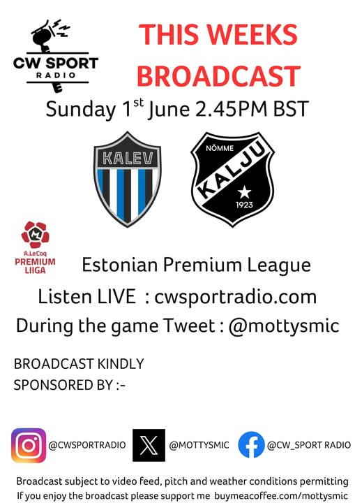 Christofer Walker (@mottysmic) on Twitter photo PLS RT Hope you can listen Sunday. English commentary of <a href="/JKTallinnaKalev/">JK Tallinna Kalev English</a> VS <a href="/KaljuFC/">Kalju FC</a>
2.45pm BST, 3.45pm CET, 4.455pm EST
<a href="/soccernet_ee/">Soccernet.ee</a> <a href="/premiumliiga/">Premium Liiga</a> <a href="/eesti/">Eesti uudised</a>
<a href="/eestijalgpall/">Eesti jalgpall</a> <a href="/raulojassaar/">Raul Ojassaar</a> <a href="/JustinWalley10/">Justin Walley</a>
<a href="/VisitTallinn/">VisitTallinn</a> <a href="/visitestonia/">Visit Estonia</a> <a href="/baltfootballpod/">Baltic Football Podcast 🇱🇹🇱🇻🇪🇪</a>
<a href="/Balticfootynews/">Baltic Football News</a> <a href="/thebaltictimes/">The Baltic Times</a> PLS RT Hope you can listen Sunday. English commentary of <a href="/JKTallinnaKalev/">JK Tallinna Kalev English</a> VS <a href="/KaljuFC/">Kalju FC</a>
2.45pm BST, 3.45pm CET, 4.455pm EST
<a href="/soccernet_ee/">Soccernet.ee</a> <a href="/premiumliiga/">Premium Liiga</a> <a href="/eesti/">Eesti uudised</a>
<a href="/eestijalgpall/">Eesti jalgpall</a> <a href="/raulojassaar/">Raul Ojassaar</a> <a href="/JustinWalley10/">Justin Walley</a>
<a href="/VisitTallinn/">VisitTallinn</a> <a href="/visitestonia/">Visit Estonia</a> <a href="/baltfootballpod/">Baltic Football Podcast 🇱🇹🇱🇻🇪🇪</a>
<a href="/Balticfootynews/">Baltic Football News</a> <a href="/thebaltictimes/">The Baltic Times</a>