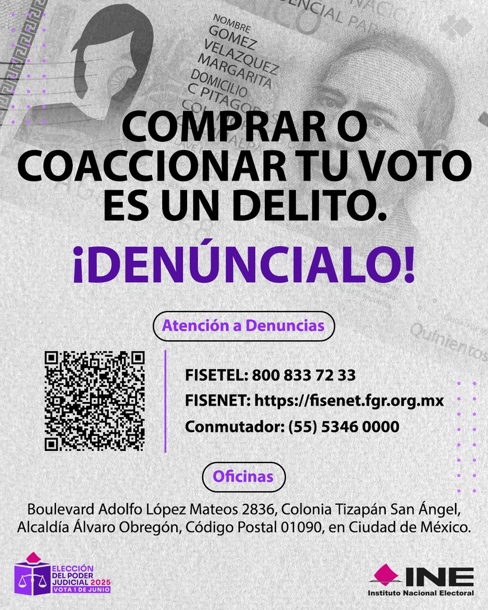 Tu voto es libre y secreto. Si eres víctima o presencias un delito electoral, denuncia en la Fiscalía Especializada para la Atención de Delitos Electorales.
￼fisenet.fgr.org.mx
￼Directorio por entidad: t.ly/FISENET_MX
￼  800 833 72 33
Este 1 de junio, tu participa