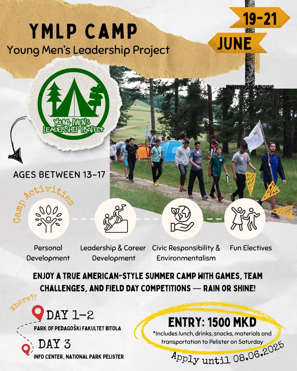 Летните кампови [Young Men’s Leadership Project] и [Girls Leading Our World] овој пат во Битола. Повеќе инфо на линкот подолу:
ymca.mk/mk/povik-za-ym…
.
#CampGLOW #YMLP #camp #summercamp #YouthEmpowerment #YMCA #YMCAmk #PeaceCorps