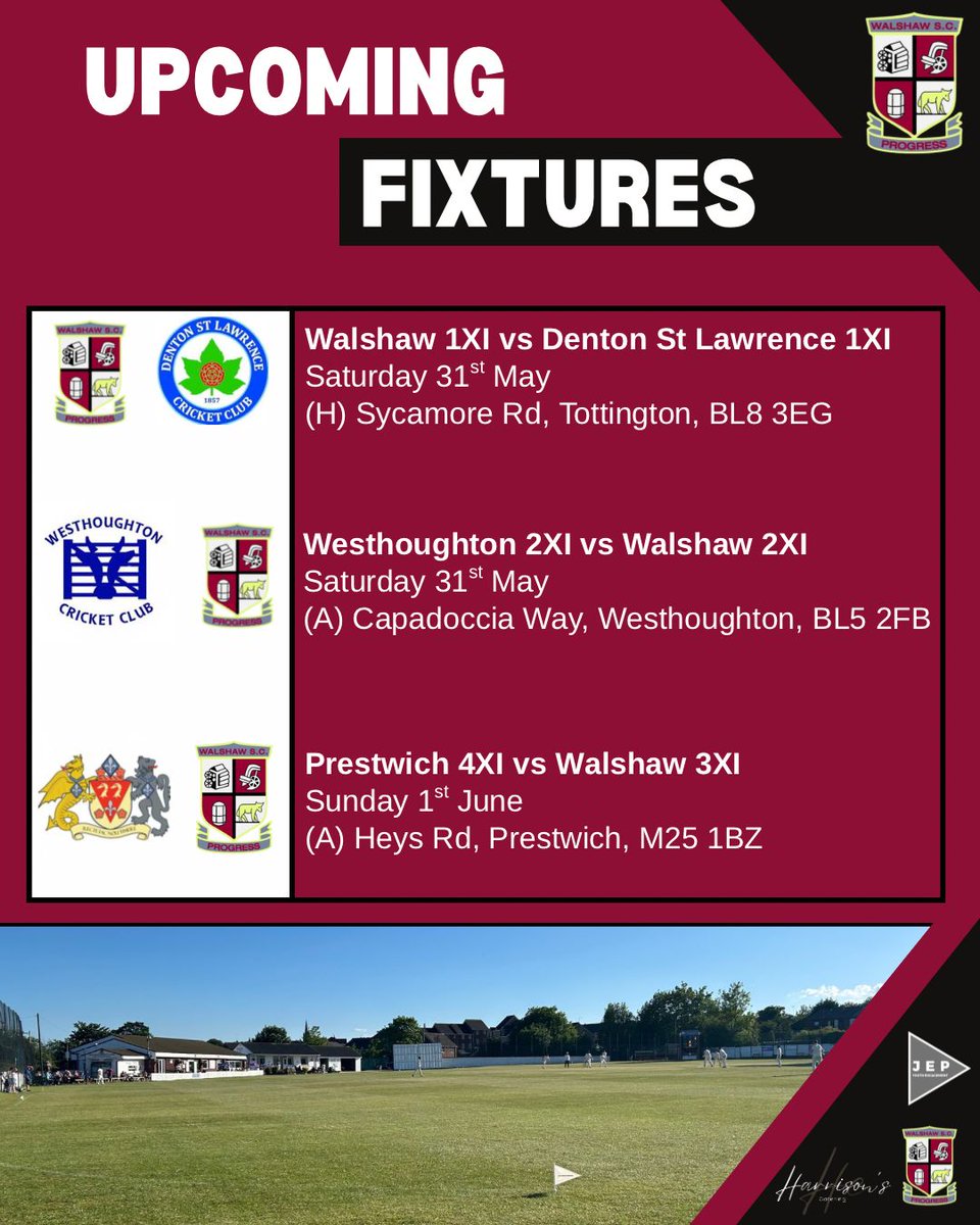 Walshaw Cricket (@walshawcricket) on Twitter photo 🏏WEEKEND FIXTURES🏏
On Saturday, our 1XI host <a href="/dslcc1/">Denton St Lawrence CC</a> at home and our 2XI are away at <a href="/Westhoughton_CC/">Westhoughton CC</a>. On Sunday, our 3XI are away at <a href="/PrestwichSport/">Prestwich CTBC</a>.
Please note that Harrisons will be closed Saturday and Sunday this week.
Everyone is welcome!
#UTS 🏏WEEKEND FIXTURES🏏
On Saturday, our 1XI host <a href="/dslcc1/">Denton St Lawrence CC</a> at home and our 2XI are away at <a href="/Westhoughton_CC/">Westhoughton CC</a>. On Sunday, our 3XI are away at <a href="/PrestwichSport/">Prestwich CTBC</a>.
Please note that Harrisons will be closed Saturday and Sunday this week.
Everyone is welcome!
#UTS