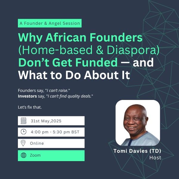 🚀 Africa's funding gap: founders struggle, angels seek deal flow. Let's fix it together! Sat 31 May • 4 pm BST | Live webinar: Why African Founders Don’t Get Funded—&amp; What Angels Can Do. Free seat 👉 bit.ly/4dk7b08 #AfricanAngel #DiaGlocal #AngelInvesting #WeMove