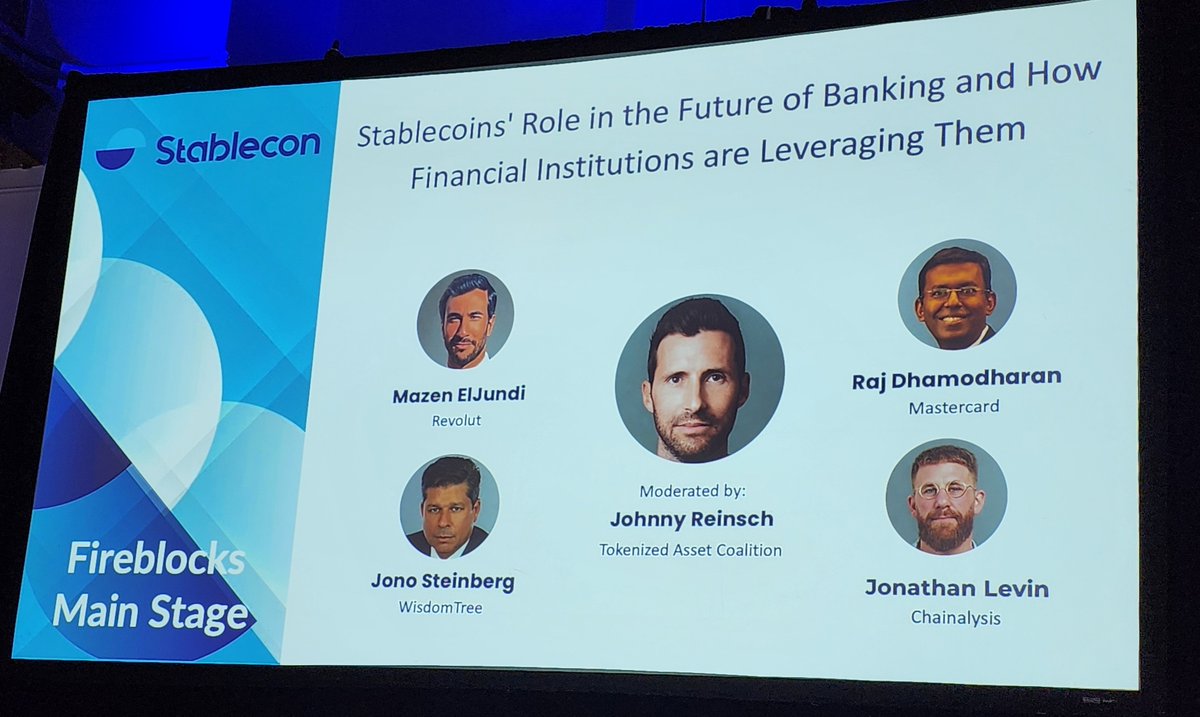 WisdomTreePrime's tweet photo. The “Stablecoin Sandwich”:
Not quite TradFi. Not quite DeFi.
Stablecoins are caught between two layers: the legacy TradFi system on one side, and emerging DeFi rails on the other.
At #Stablecon2025, @jonosteinberg, joined @raj_dhamodharan (@Mastercard), @jony_levin (@chainalysis), Mazen El Jundi (@RevolutApp) and @itsjawknee___ (@TACoalition) to explore the role of stablecoins in modern banking.
Are stablecoins best used to bridge systems—or to replace them?
A thought-provoking discussion on the real-world role of stablecoins as middleware in financial infrastructure.
@thestablecon