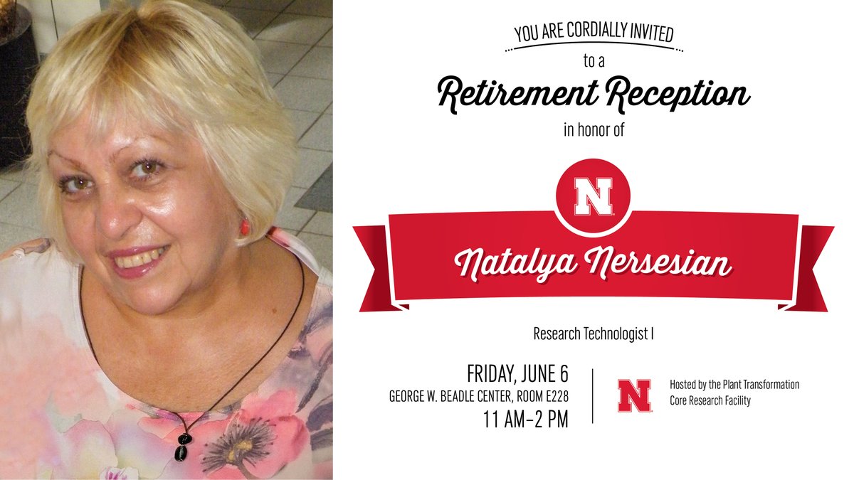 Nebraska Agronomy and Horticulture (@unlagrohort) on Twitter photo Retirement reception for Natalya Nersesian, Plant Transformation Core Research Facility research tech, Friday, June 6, 11 am – 2 pm in George W. Beadle Center room E228. ›› go.unl.edu/pg9w
#UNL <a href="/UNL_IANR/">Institute of Agriculture and Natural Resources</a> <a href="/UNLExtension/">Nebraska Extension</a> <a href="/UNL_CASNR/">University of Nebraska CASNR</a> #UNLAgroHort Retirement reception for Natalya Nersesian, Plant Transformation Core Research Facility research tech, Friday, June 6, 11 am – 2 pm in George W. Beadle Center room E228. ›› go.unl.edu/pg9w
#UNL <a href="/UNL_IANR/">Institute of Agriculture and Natural Resources</a> <a href="/UNLExtension/">Nebraska Extension</a> <a href="/UNL_CASNR/">University of Nebraska CASNR</a> #UNLAgroHort