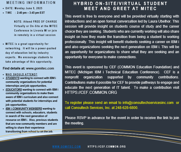 ConsultechSvc's tweet photo. Join us at MITEC for our Student Meet and Greet!

June 9th, 2025: Virtual and In-person https://t.co/99dyRQO5V9