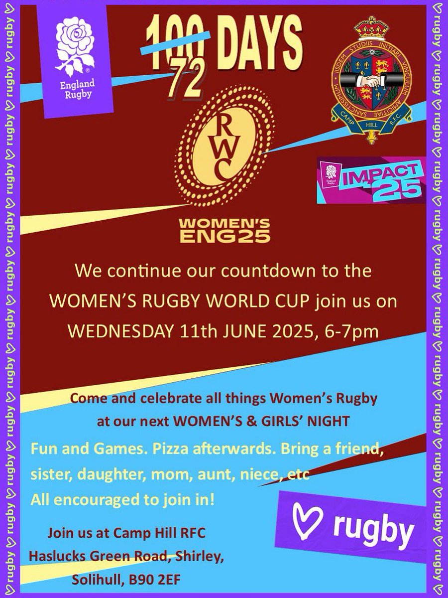 After such a wonderful evening the first time round, we are planning to go again. 

Come &amp; join us &amp; help celebrate the RWC2025 on home soil.

All ages &amp; abilities welcome; just come &amp; have some fun (oh &amp; pizza 🍕) <a href="/SolihullActive/">Solihull Active</a> <a href="/SolihullCollege/">Solihull College & University Centre</a> <a href="/SolihullUpdates/">Solihull Updates</a> <a href="/CampHillRugby/">CampHillRugby</a>