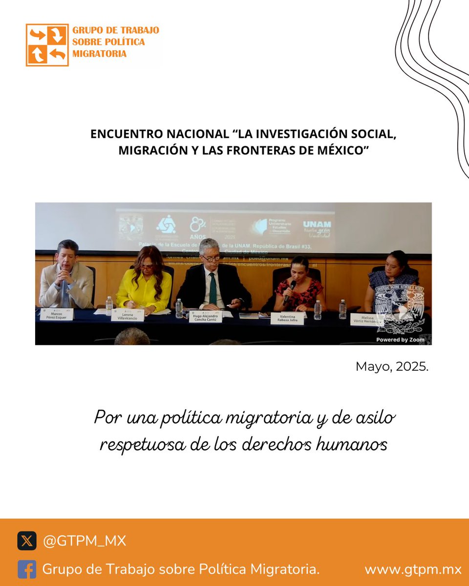 #Siteloperdiste|  El #GTPM participó en el Encuentro Nacional “La investigación social, migración y las fronteras de México” (13-14 mayo, UNAM). 
Melissa A. Vértiz subrayó la necesidad de marcos con enfoque de #DDHH y rutas de regularización.
🎥 Grabación: youtube.com/live/HNhndY5qd…
