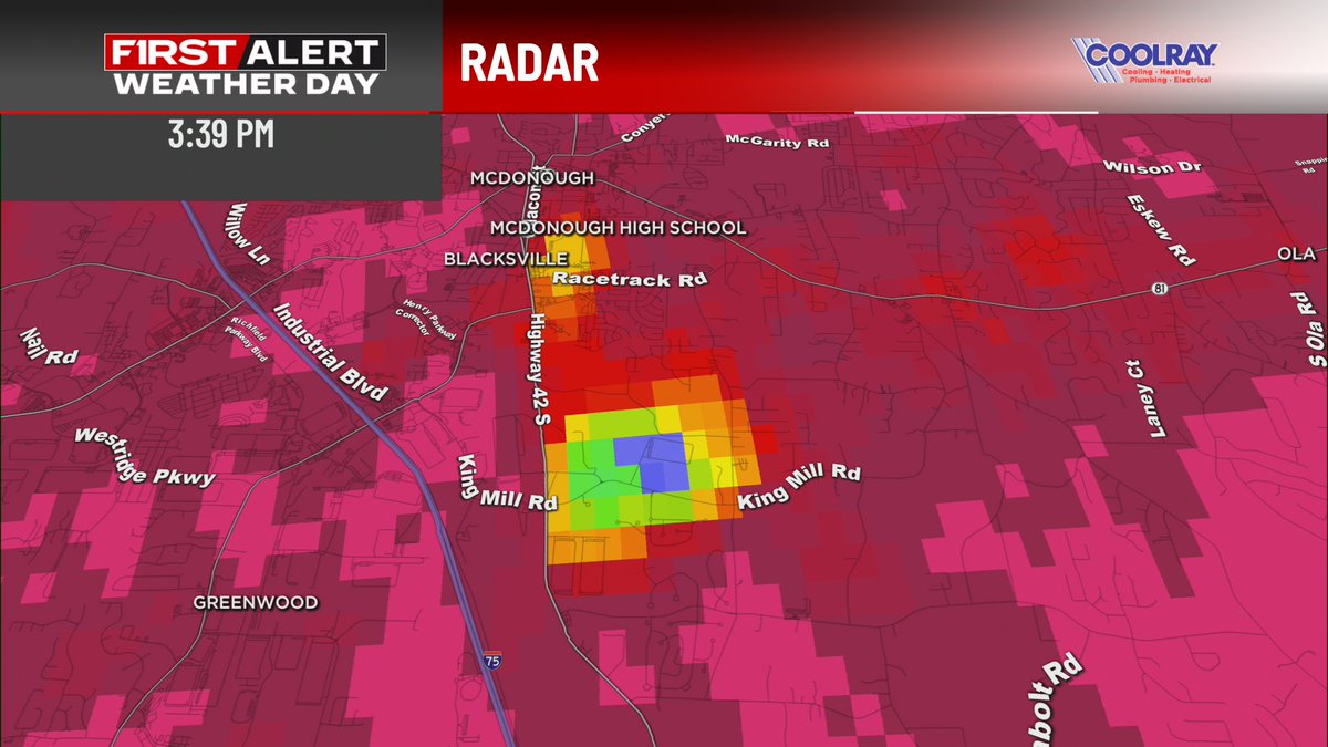 You don't always need thunder &amp; lightning for a tornado. Classic debris signature on radar this afternoon (correlation coefficient) with the line of heavy showers across Henry County today. There was enough rotation for a brief spin up, but clearly damage was done. #GAwx #tornado
