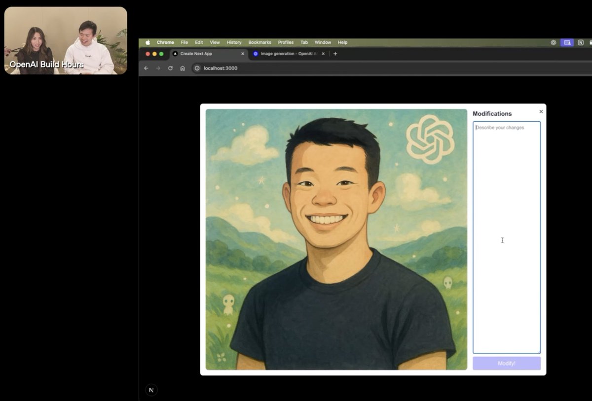 Bill (@bill_gy_chen) on Twitter photo Had a fun time showing off Image Gen API during this morning's <a href="/OpenAI/">OpenAI</a> Build Hour together with <a href="/cristineejones/">Cristine Jones</a> and <a href="/jordanjgarcia/">Jordan Garcia</a> from <a href="/MeetGamma/">Gamma</a>
Looks like those high school PA announcements reps finally came handy - didn't choke on stream lol Had a fun time showing off Image Gen API during this morning's <a href="/OpenAI/">OpenAI</a> Build Hour together with <a href="/cristineejones/">Cristine Jones</a> and <a href="/jordanjgarcia/">Jordan Garcia</a> from <a href="/MeetGamma/">Gamma</a>
Looks like those high school PA announcements reps finally came handy - didn't choke on stream lol