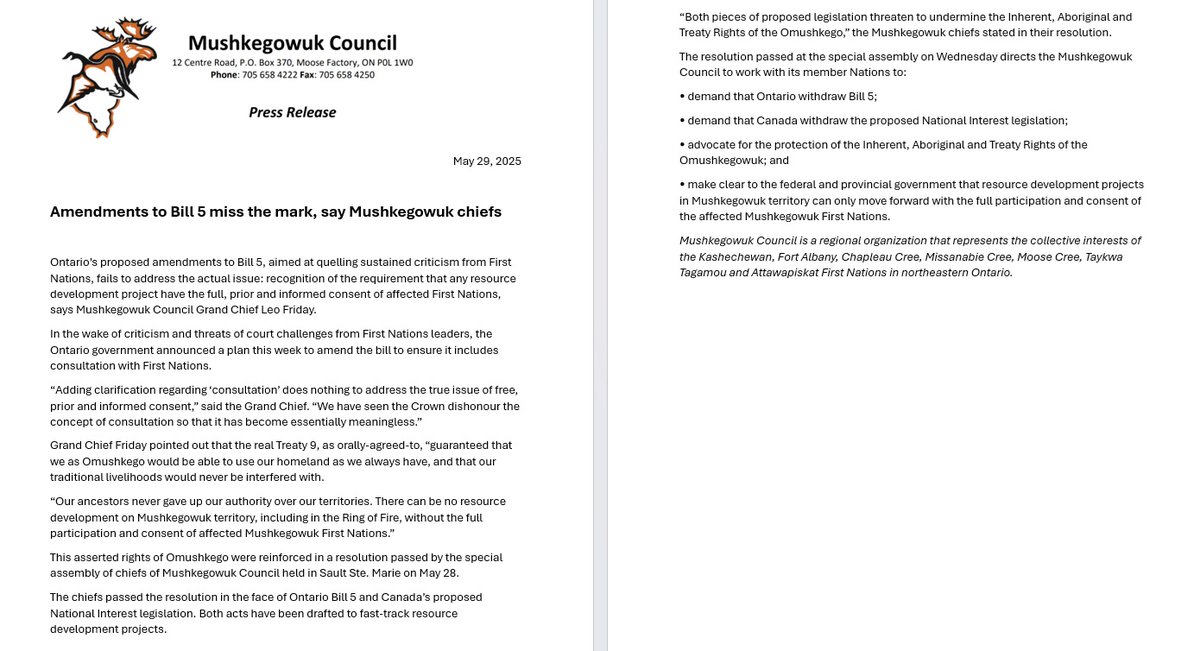 A resolution was passed at the special assembly of chiefs of Mushkegowuk Council held in Sault Ste. Marie on May 28, in the face of Ontario Bill 5 as well as Canada’s proposed National Interest legislation which was announced this week.