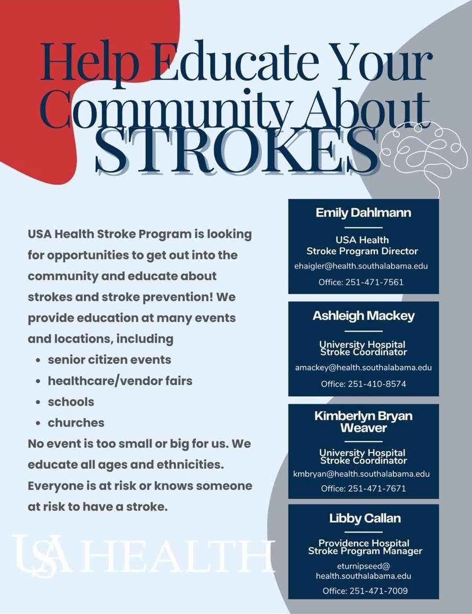 The USA Health Stroke Program is looking for community opportunities where representatives can share how to identify and prevent strokes. If you know of health fairs, schools, churches and more who would be interested in this type of outreach, please contact us.