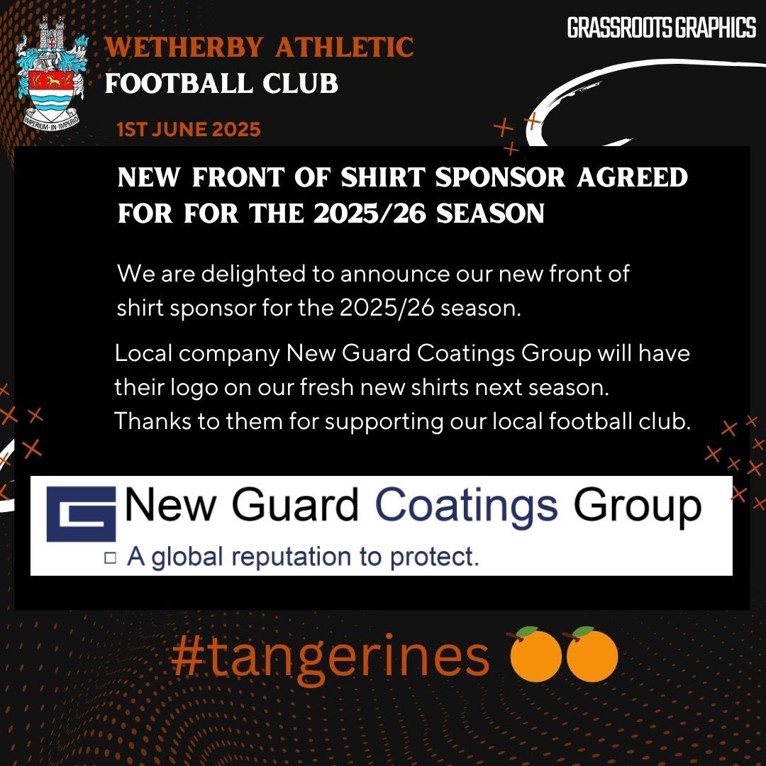 Wetherby Athletic (@wetherbyathfc) on Twitter photo The good news continues for the club as we announce our new front of shirt sponsor for the 2025/26 special thanks to <a href="/NewGuardUK/">New Guard Coatings</a> for their support #tangerines #newstart The good news continues for the club as we announce our new front of shirt sponsor for the 2025/26 special thanks to <a href="/NewGuardUK/">New Guard Coatings</a> for their support #tangerines #newstart