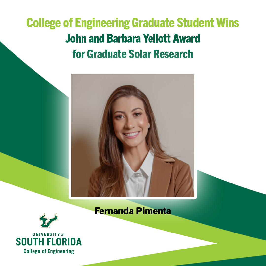 EngineeringUSF's tweet image. 💛💚Student Spotlight: We are thrilled to announce that Ms. Pimenta received the 2025 John &amp;amp;Barbara Yellott Award for Graduate Solar Research from the American Solar Energy Society (#ASES)! 🌞 

🔗 Read the full story bit.ly/3HbghAD

#USFEngineering @SolarEnergy_FL