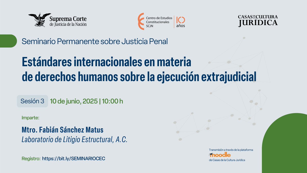 Conversaremos con Fabián Sánchez Matus (<a href="/fasama7/">Fabián Sánchez Matus</a>) de <a href="/llestructural/">Laboratorio de Litigio Estructural, A.C.</a> sobre ejecuciones extrajudiciales en esta nueva sesión del Seminario sobre Justicia Penal.
 
¿Nos acompañas?
 
Registro: bit.ly/SEMINARIOCEC
 
En colaboración con @CCJSCJN