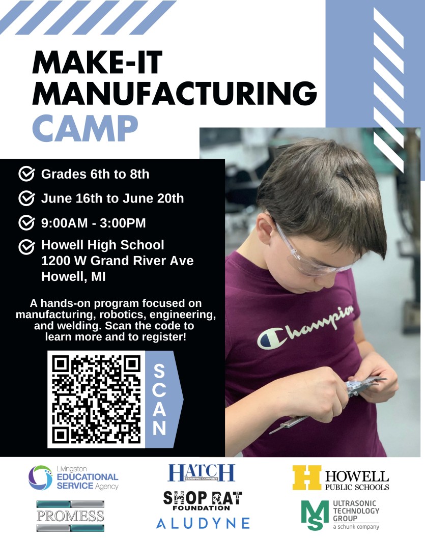 Summer Camp opportunity for Livingson County students, going into grades 6-8! Register now using the QR code! Lunch provided, trip to local manufacturers, hands on learning!
#LESA #CTE #summercamp #brighton #fowlerville #hartland #howell #pinckney #manufacturingcamp #shoprats