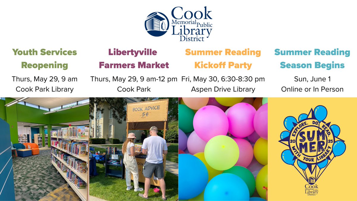 Hope to see you at any or all of these Library events this week!
🎉 Cook Park Library Youth Services Reopening
🥕 First Libertyville Farmers Market of the season
🎈 After-Hours Summer Reading Kickoff Party
✨ Summer Reading official begins!