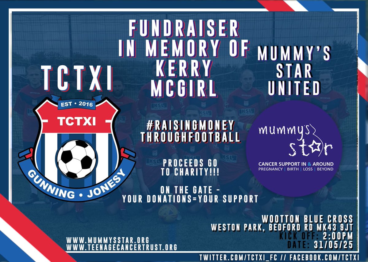 TCTXI (@tctxi_fc) on Twitter photo Big one Saturday as we face Tommy's McGirl & his side Mummys Star Utd. In memory of his cousin Kerry & also for a brilliant cause in <a href="/MummysStar/">Mummy's Star</a> 🌟💜
Get down to <a href="/woottonbluecros/">WoottonBlueCross FC</a>, any donations appreciated & you'll be in for a very entertaining game/event ⚽️❤️💙 Big one Saturday as we face Tommy's McGirl & his side Mummys Star Utd. In memory of his cousin Kerry & also for a brilliant cause in <a href="/MummysStar/">Mummy's Star</a> 🌟💜
Get down to <a href="/woottonbluecros/">WoottonBlueCross FC</a>, any donations appreciated & you'll be in for a very entertaining game/event ⚽️❤️💙