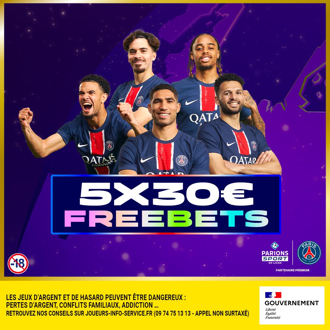 🔴🔵 La régalade de Freebets continue jusqu’à la finale #PSGINT !  5x30€ de Freebets à gagner 

1️⃣ RT + Follow
2️⃣Commentez avec #PSGxParionsSport 
 
📆TAS le 30/05  
📃Règlement : bit.ly/40pQpqn