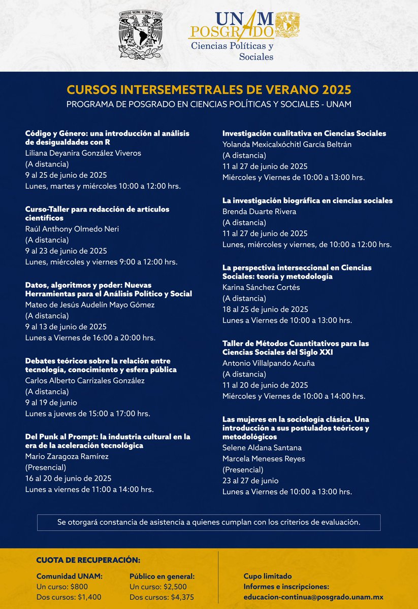 Posgrado/Políticas (@posgradpolitica) on Twitter photo 👉 Cursos Intersemestrales de Verano 2025. 📢
Participa en los cursos presenciales y a distancia impartidos por especialistas en Ciencias Sociales.📍
👀Informes e inscripciones:
educacion-continua@posgrado.unam.mx 👉 Cursos Intersemestrales de Verano 2025. 📢
Participa en los cursos presenciales y a distancia impartidos por especialistas en Ciencias Sociales.📍
👀Informes e inscripciones:
educacion-continua@posgrado.unam.mx