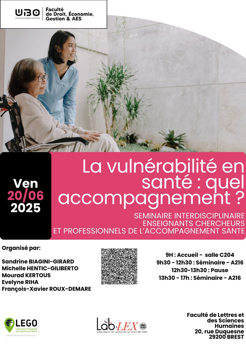 Roux-Demare FX (@fxrouxdemare) on Twitter photo LA VULNÉRABILITÉ EN SANTÉ : QUEL ACCOMPAGNEMENT ?
<a href="/UBO_UnivBrest/">UBO - Univ. Brest</a> - 20 juin 2025
Séminaire interdisciplinaire enseignants-chercheurs et professionnels de l'accompagnement santé
Séminaire organisé par <a href="/SandrineBiagini/">sandrine biagini</a>, M. HENTIC-GILIBERTO, M. KERTOUS, E. Riha et <a href="/FxRouxDemare/">Roux-Demare FX</a> LA VULNÉRABILITÉ EN SANTÉ : QUEL ACCOMPAGNEMENT ?
<a href="/UBO_UnivBrest/">UBO - Univ. Brest</a> - 20 juin 2025
Séminaire interdisciplinaire enseignants-chercheurs et professionnels de l'accompagnement santé
Séminaire organisé par <a href="/SandrineBiagini/">sandrine biagini</a>, M. HENTIC-GILIBERTO, M. KERTOUS, E. Riha et <a href="/FxRouxDemare/">Roux-Demare FX</a>